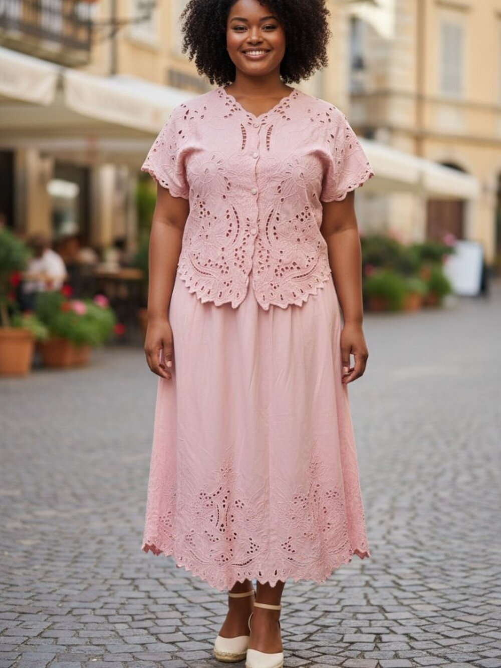 Bali Collection Pink Eyelet Top & Skirt Set (Size L)